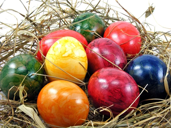 Una Selezione Uova Pasqua Lucide Uno Sfondo Erba — Foto Stock