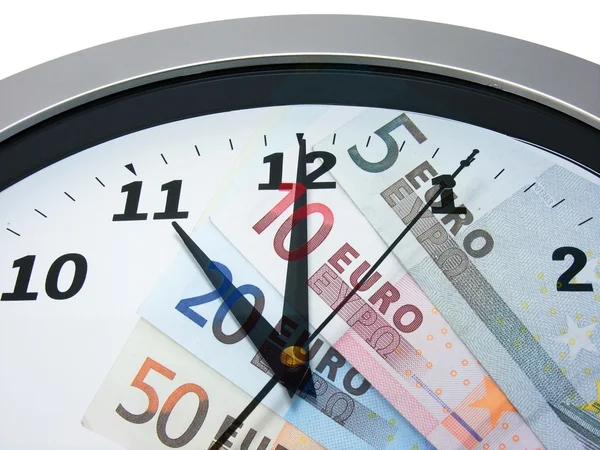 Циферблат Часов Банкнотами Евро Белом Фоне — стоковое фото