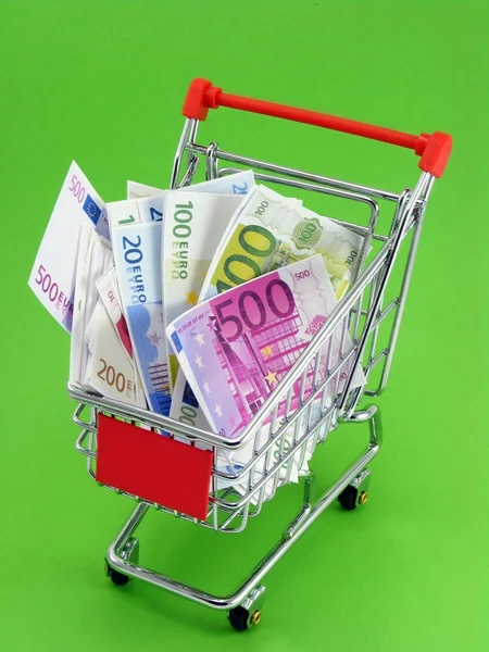 Euro Currency Shopping Trolley Green Background — Stock Photo, Image