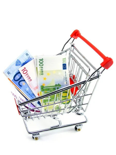 Eurowährung Einkaufswagen Auf Weißem Hintergrund — Stockfoto