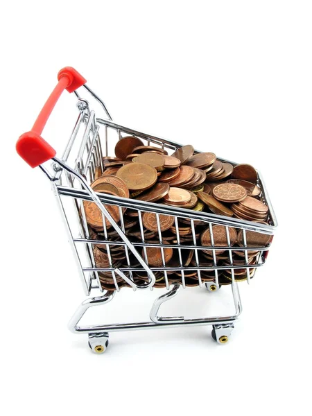 Ein Einkaufswagen Mit Münzen Auf Weißem Hintergrund — Stockfoto