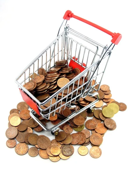 Shopping Trolley Coins White Background — Stockfoto
