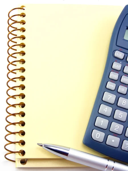 Cuaderno Blanco Pluma Calculadora Con Espacio Copia —  Fotos de Stock
