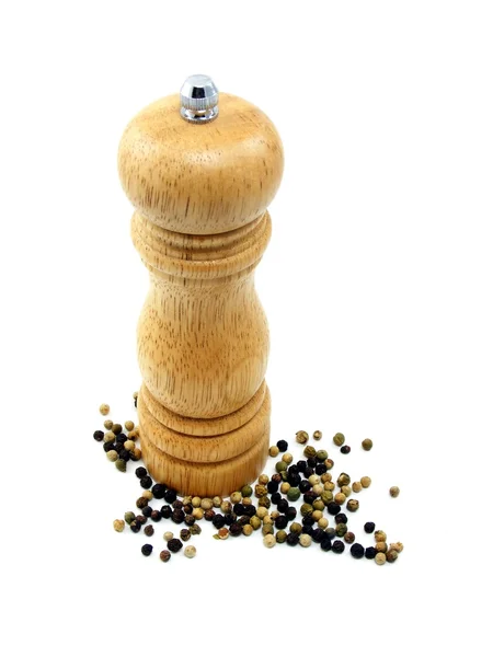 Wooden Peppermill Peppercorns White Background — Stock Photo, Image