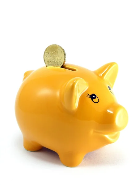 A piggy bank with euro currency — Stock Photo, Image