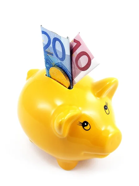 A piggy bank with euro currency — Stock Photo, Image