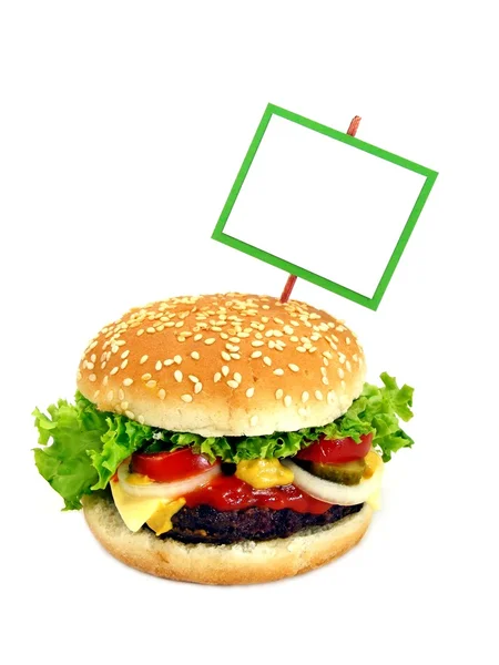 Una hamburguesa con queso con un cartel en blanco enmarcado verde — Foto de Stock