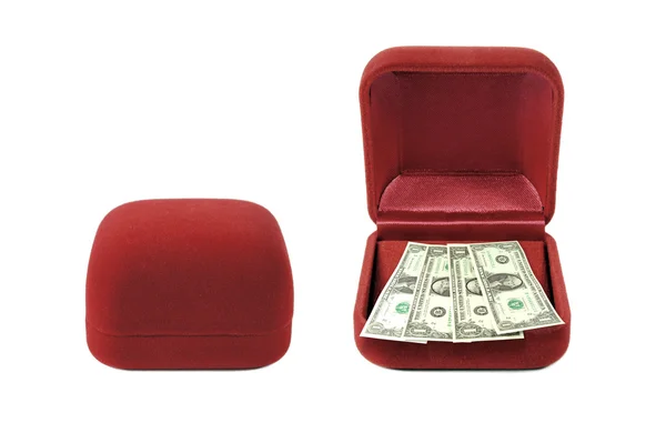 Červená Sametová Box Peníze — Stock fotografie