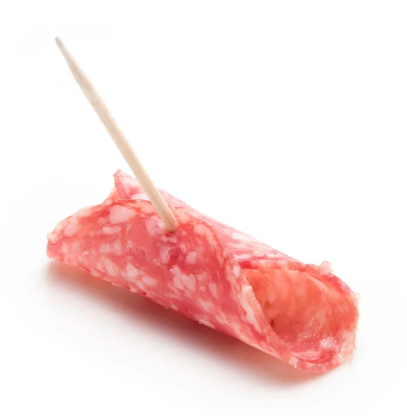 Plakje salami geïsoleerd over Wit — Stockfoto