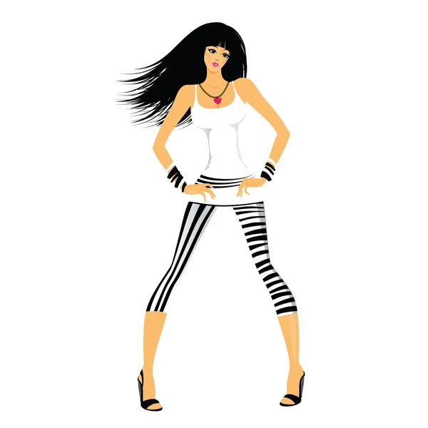 女孩模型 时尚黑发在一件白衬衫和条纹的裤 — 图库矢量图片