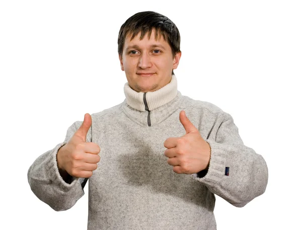 Ένας Νεαρός Άνδρας Δείχνει Μια Χειρονομία Χέρι Σημάδι — Φωτογραφία Αρχείου