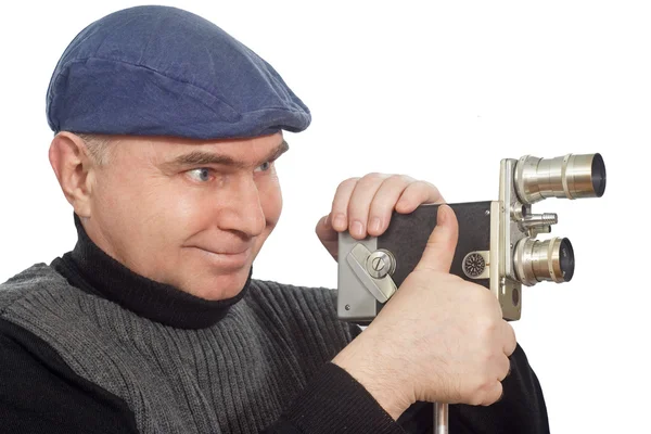 Cameraman Spends Shooting 16Mm Camera White Background — Stock Photo, Image