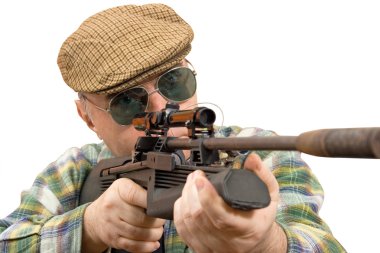 A man holding a rifle, looking into the optical sight. studio white background clipart