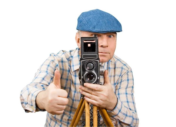 Fotógrafo Camera Clássico Preparando Para Atirar Fundo Branco — Fotografia de Stock
