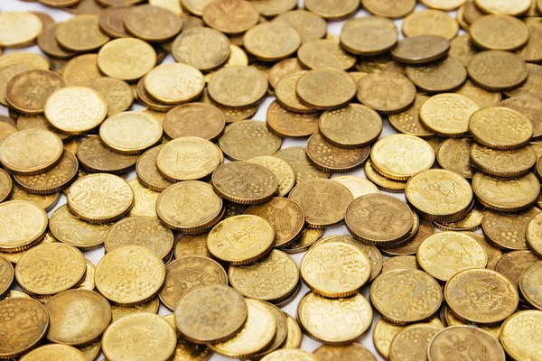 Monedas Oro Sobre Mesa Uniformemente Textura Fondo — Foto de Stock