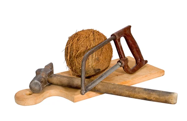 Coco Hacksaw Hammer Lying Cutting Board — Stock Photo, Image