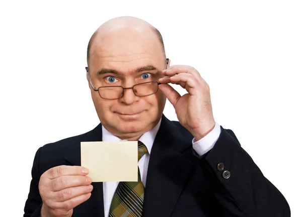 Businessman Business Suit Holding Blank Card Shooting Studio — Stock Photo, Image