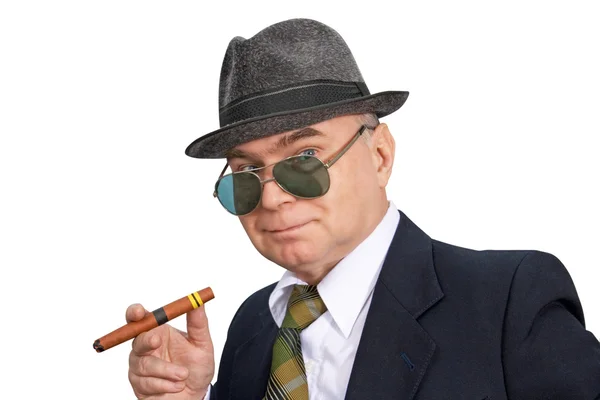 Man Cigar Business Suit Glasses Hat White Background — Stock Photo, Image