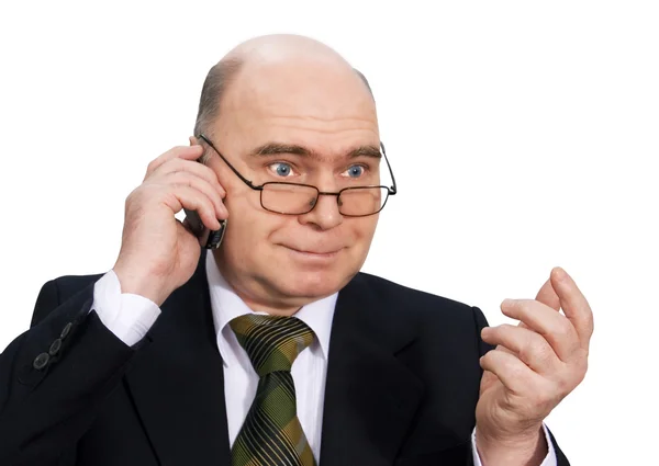 Man Business Suit Talking Cell Phone White Background Stock Photo