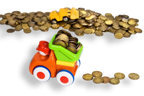 Gold Coins Produced Transported Toy Cars White Background — Stock Photo, Image