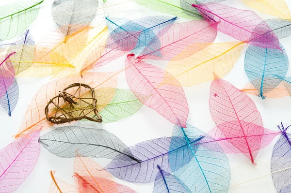 stock image Wicker heart on a carpet of colorful leaves