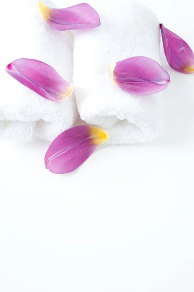 Weiße Handtücher Mit Violetten Blütenblättern Auf Weißem Hintergrund — Stockfoto