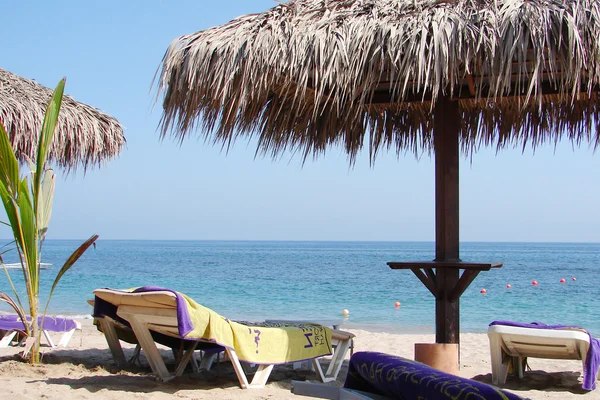 Sunchairs 和海滩上的遮阳伞 — 图库照片