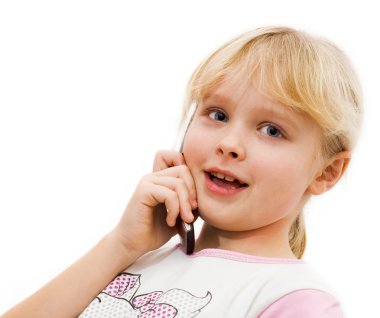 Little girl says on a cell phone clipart