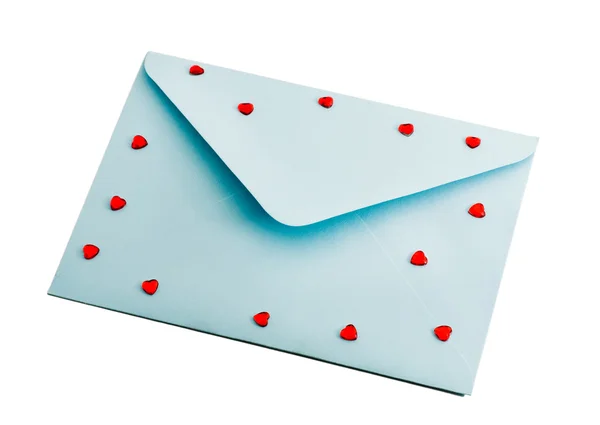 Blauer Umschlag mit roten Herzen — Stockfoto
