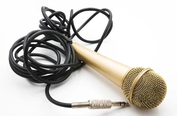 Velho Microfone Dourado Com Fio Preto — Fotografia de Stock