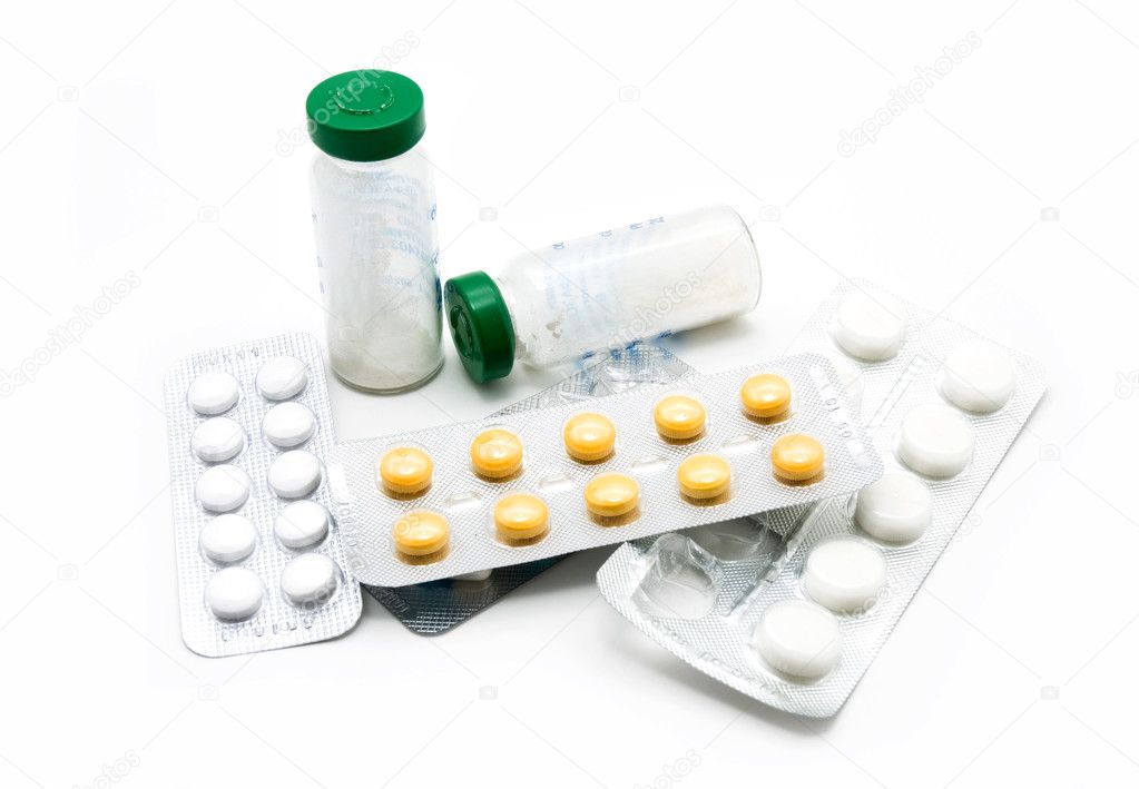 Different medicines in tablets, powder, packaging