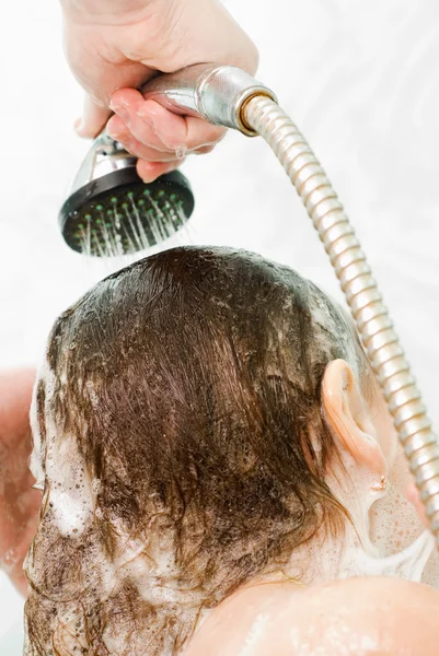 Little Girl Washes Her Head Hair Care — Stock Photo, Image
