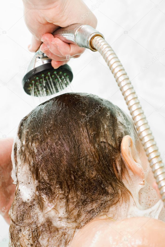 Little girl washes her head, Hair Care