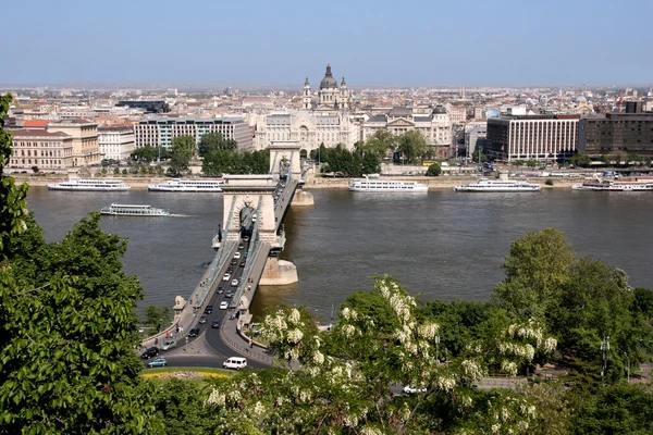 Danube, Chain Bridge and Budapest view — Stock Photo, Image