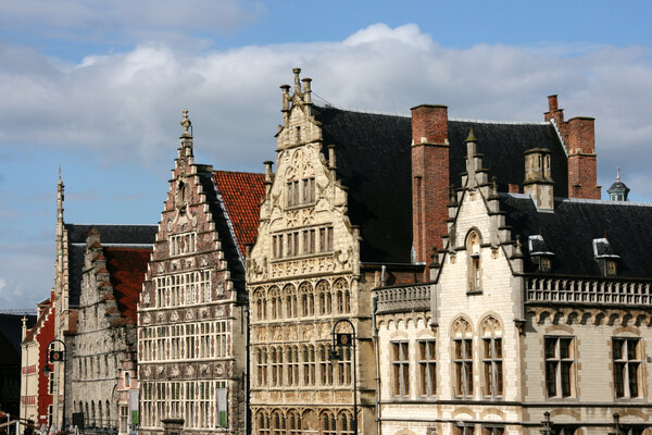 Beautiful Belgian town of Ghent. Rows of old buildings.