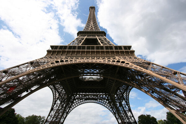 Famous Eiffel Tower in Paris. Wide angle view.