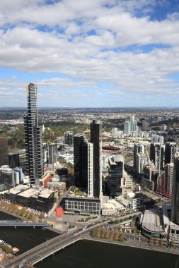 Aerial view of Melbourne and Yarra River. The prominent building is Eureka Tower, which is the world's tallest residential tower when measured to its highest fl clipart