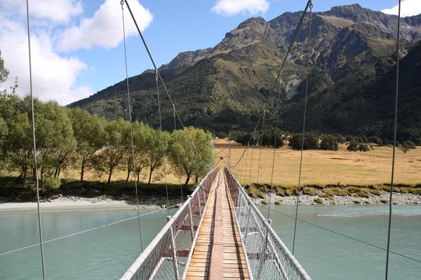 Nya Zeeland Svävande Tråd Bridge Floden Som Passerar Turistrutterna Mount — Stock fotografie