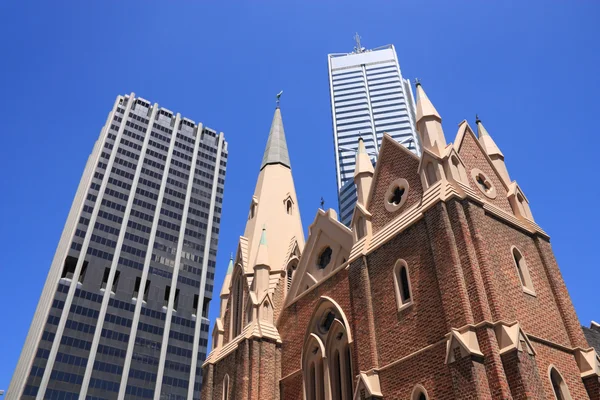 Perth Australia Sammendrag Kontrasten Mellom Gammel Moderne Arkitektur Wesley Kirke – stockfoto