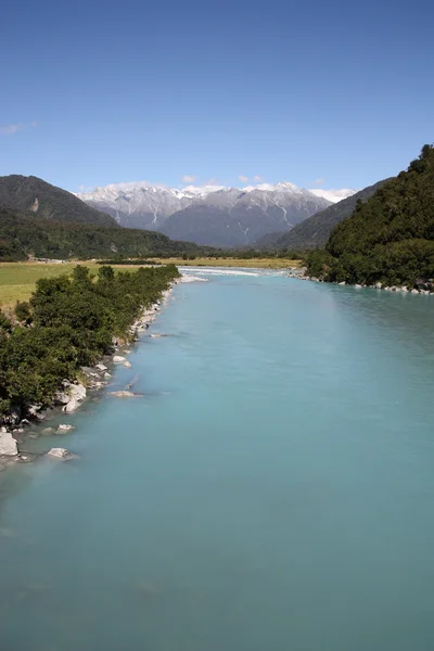 Landskap Nya Zeeland Whataroa Floden Och Södra Alperna Bergskedjan — Stockfoto