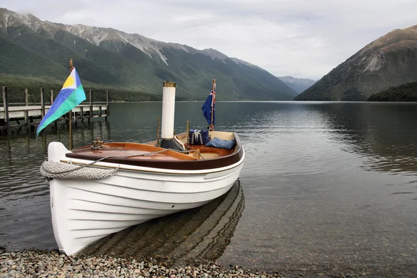 Yeni Zelanda Nelson Gölleri Milli Parkı Küçük Vapur Karaya Göl — Stok fotoğraf