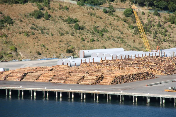 Holz Neuseeländischen Hafenpicton Bereit Für Die Frachtschifffahrt Holz Gestapelt — Stockfoto