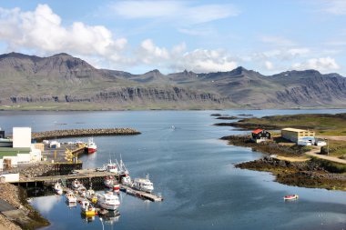 Djupivogur - small fishing town in Iceland. Mountains, harbor and fiord. clipart