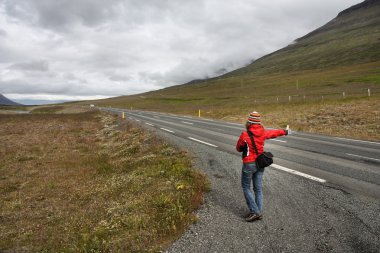 Adventure in Iceland - girl hitchhiking by the roadside. Thumbing a ride. Outdoors vacation. clipart