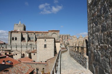 Avila kasaba ve ortaçağ şehir duvarlarından görülen Katedrali. castilia bölgesinde İspanyol yerler.