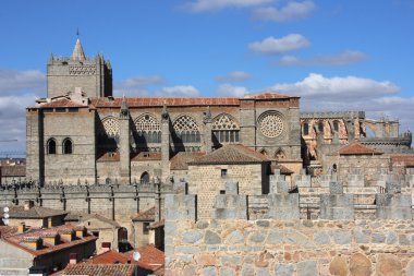 Avila town and cathedral seen from the medieval city walls. Spanish landmarks in Castilia region. clipart