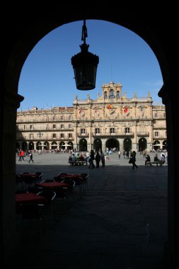Detail of Plaza Mayor - Main Square in Salamanca, seen from the arcaded porch clipart