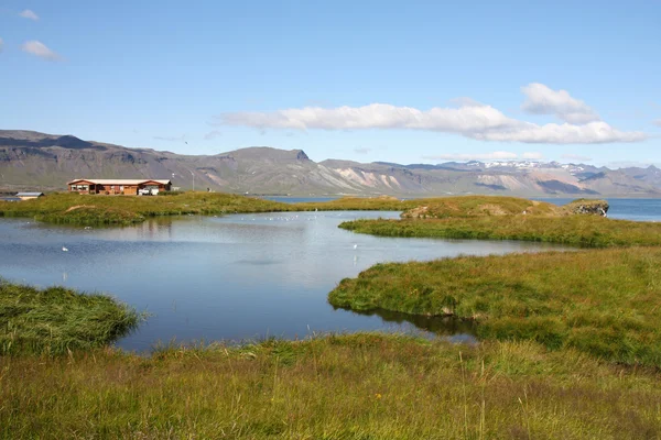 美しい山々 湖の反射 Arnarstapi 村に農村部の住宅 Snaefellsnes アイスランド — ストック写真