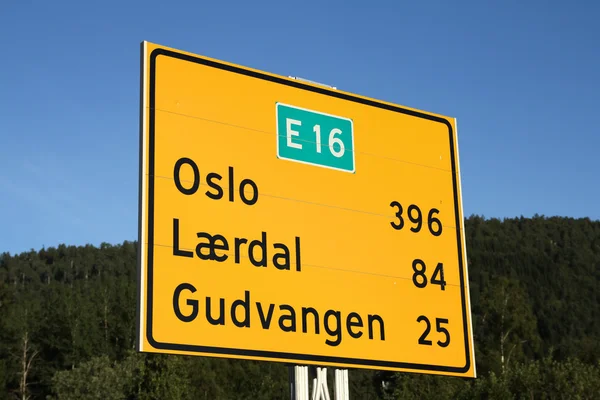 Norway Road Directions Sign Major Tourism Destinations Oslo Laerdal Gudvangen — Stock Photo, Image