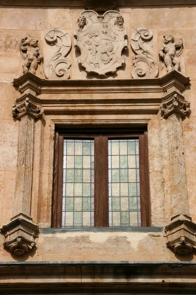 Декоративное Окно Типичном Здании Песчаника Саламанке Испания — стоковое фото